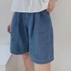 Pintuck-trim Wide-leg Denim Shorts