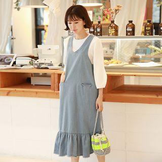 Fringed Frill-hem Long Denim Pinafore Dress