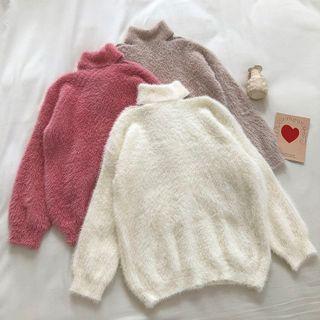 Plain Turtle-neck Perforated Long-sleeve Sweater