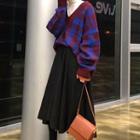 V-neck Plaid Sweater/ Midi A-line Skirt/ Turtleneck Long-sleeve Top