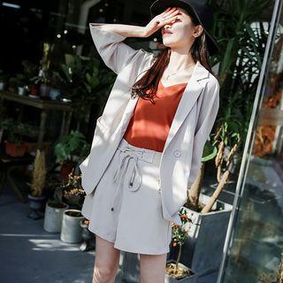 Set: 3/4-sleeve Double-breasted Blazer + Floral Embroidered Wide Leg Shorts