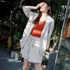 Set: 3/4-sleeve Double-breasted Blazer + Floral Embroidered Wide Leg Shorts