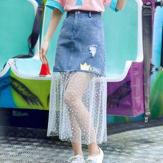 Star-mesh Panel Print Denim Skirt