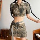 Set: Short-sleeve Camo Crop Shirt + Pleated Mini Pencil Skirt