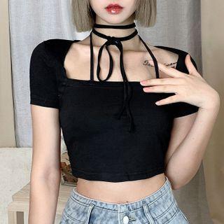 Short-sleeve Square Neck Halter-neck Crop Top