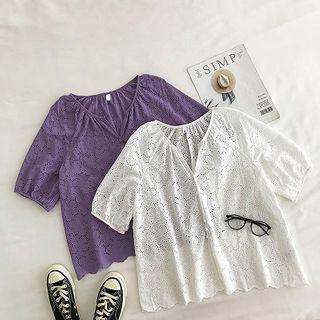 Embroidered V-neck Puff-sleeve Blouse