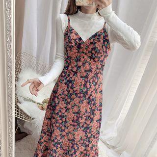 Set: Rib Knit Top Floral Print Midi A-line Pinafore Dress