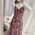 Set: Rib Knit Top Floral Print Midi A-line Pinafore Dress