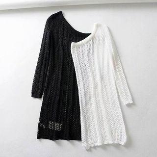 Long-sleeve Asymmetric One Shoulder Perforated Knit Mini Dress