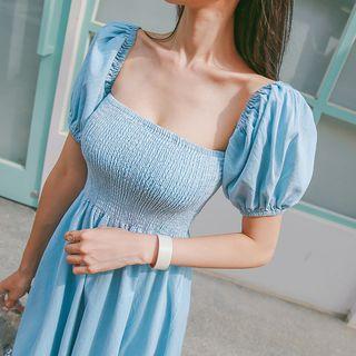 Puff-sleeve Smocked Denim Long Flare Dress
