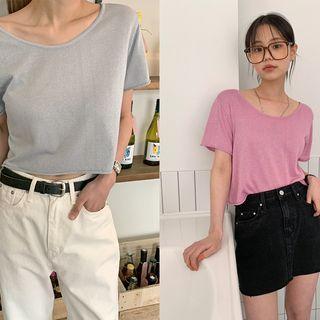 Roll-edge Glitter Crop T-shirt