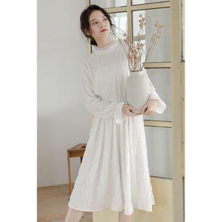 Ruffle Trim Shirred Midi A-line Dress White - One Size
