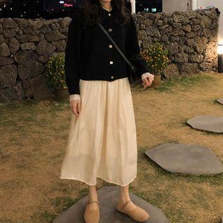 Lace-trim Buttoned Cardigan / A-line Midi Skirt