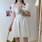 Puff-sleeve Floral Embroidered Slim Fit Dress Off-white - One Size