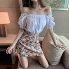 Off-shoulder Short-sleeve Plain Blouse/ High-waist Floral Skirt