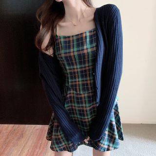 Spaghetti Strap Plaid A-line Dress / Ribbed Cardigan