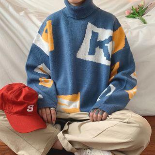 Turtleneck Lettering Jacquard Sweater