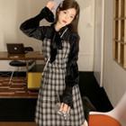 Tie-neck Velvet Blouse / Plaid A-line Dress