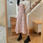 Long-sleeve Lace Blouse / Spaghetti Strap Floral Print Midi A-line Dress