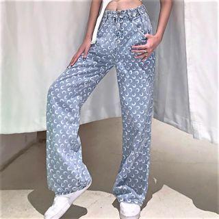 Crescent Print Wide Leg Jeans