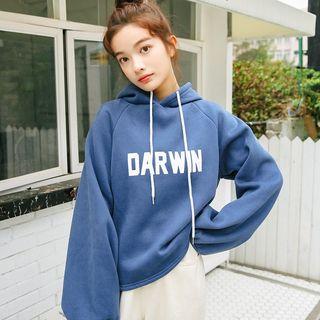 Lettering Drawstring Hoodie Grayish Blue - One Size