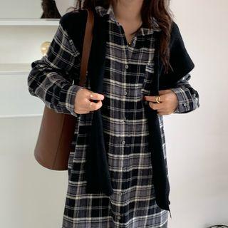 Set: Plaid Midi Shirtdress + Shawl