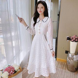 Lace Trim Long-sleeve Collared Midi A-line Dress