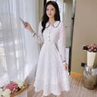 Lace Trim Long-sleeve Collared Midi A-line Dress