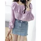 Shirred-sleeve Frilled-detail Top