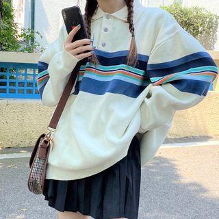 Striped Panel Knit Polo Shirt Light Almond - One Size