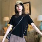 Short-sleeve Plain Irregular Buttoned Cropped T-shirt