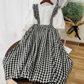 Set: Puff-sleeve Blouse + Midi A-line Jumper Skirt