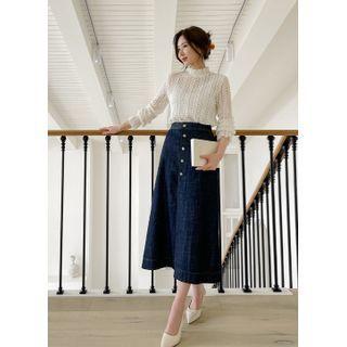 Button-trim Long A-line Denim Skirt Dark Blue - One Size