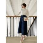 Button-trim Long A-line Denim Skirt Dark Blue - One Size