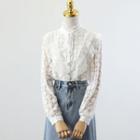 Mock-neck Plain Lace Button-up Top / High-waist Plain A-line Skirt