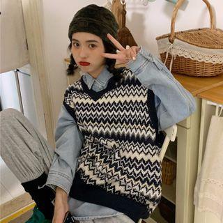 Denim Shirt / Patterned Knit Vest
