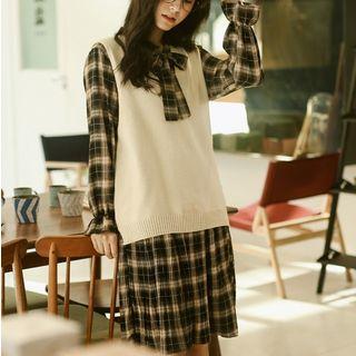 Long-sleeve A-line Dress Plaid - Almond & Coffee - One Size
