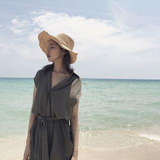 Sleeveless V-neck Slit Shirt Midi Dress