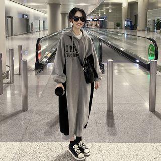 Lettering Color Block Panel Hooded Sweatshirt Jacket