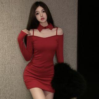 Collared Cold-shoulder Ribbed Sheath Dress