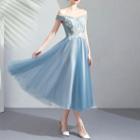 Off-shoulder Lace Appliqued Midi Prom Dress