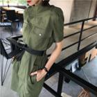 Plain Short-sleeve Slim-fit Dress Army Green - One Size