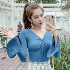 Bell-sleeve Drawstring Front Knit Top