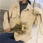 Mock-two Corduroy Striped Turtle-neck Loose-fit Long-sleeve Shirt