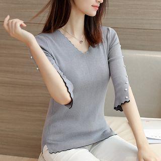 V-neck Scallop Trim Elbow-sleeve Knit Top