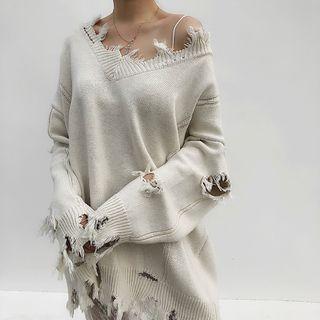 Distressed Loose-fit Sweater / Lace Slipdress