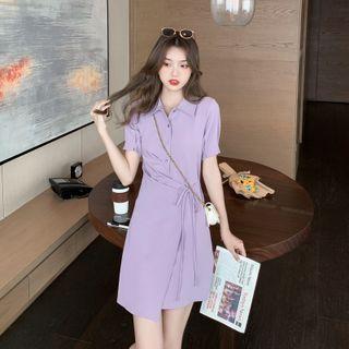 Short-sleeve Collared Shirred Plain Midi Dress