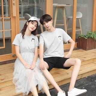 Couple Matching Short-sleeve Cartoon Print T-shirt / Mesh Paneled A-line Dress / Shorts