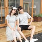 Couple Matching Short-sleeve Cartoon Print T-shirt / Mesh Paneled A-line Dress / Shorts