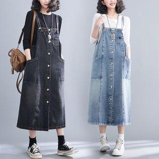 Button-up Denim Midi A-line Overall Dress